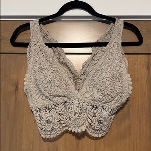 Aerie Far Out Lace Padded plunge Bralette Womens M Tan stretch Deep V Mesh retro